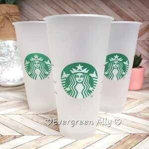 3 Starbucks Frosted Clear Cold Cups Green Mermaid Logo 24 oz